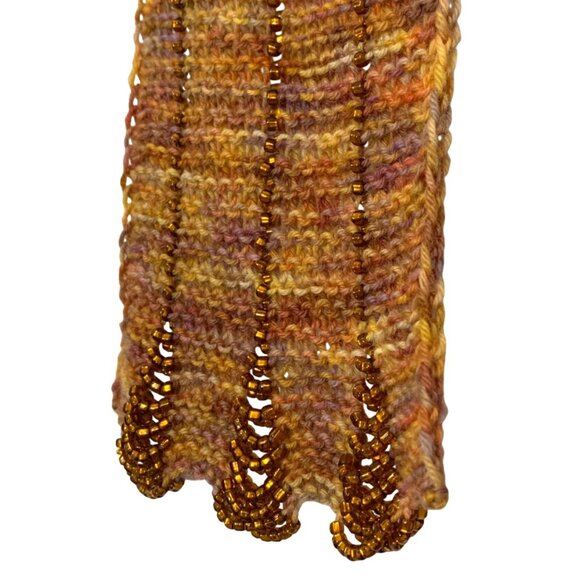Beautifully Beaded Art Nouveau Scarf In Autumn Tones Scalloped Lined Bead Edges - Picture 2 of 3